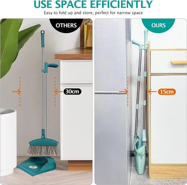Broom and Dustpan Set 55" Long Handle Indoor Sweeping Combo Blue Green