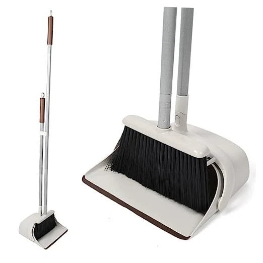 54" Long Handled Broom and Dustpan Set - Perfect Dust Pan and Brown and White