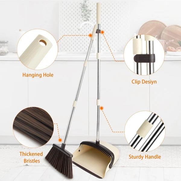 Broom and Dustpan Set with 51" Stainless Handle Soft Bristles for Home Use