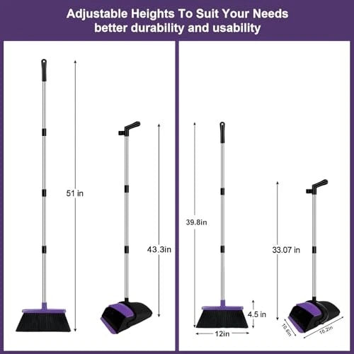 Broom with Dustpan Combo Set, 51" Household Dustpans and Broom, Normal Purple