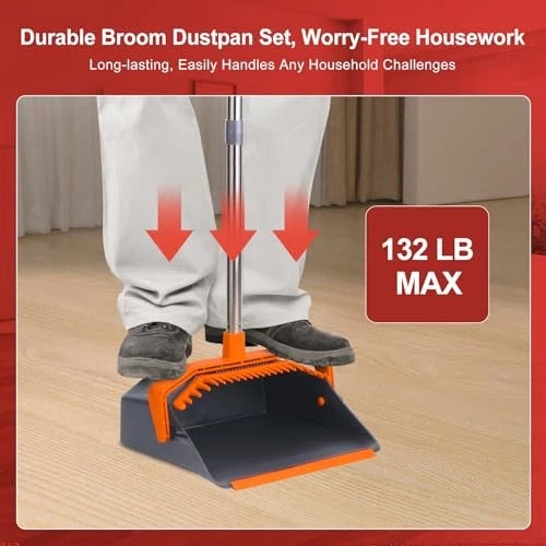 Broom and Dustpan Set with 5'' Long Handle, Upright Broom and 1 Orange and Grey