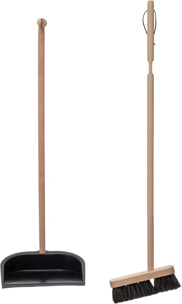 Beech Wood Broom & Standing Metal Dust Pan, Natural & Black