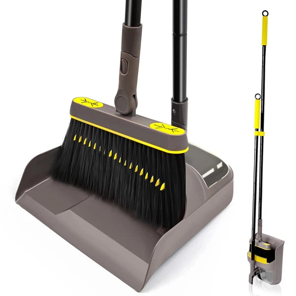 Broom with Dustpan Combo Set 180 Degree Rotating Upright Standing Brown Yellow