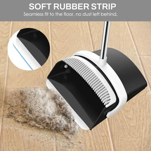 Broom and Dustpan Set for Home, 51-in Long Adjustable Handle Medium Black White