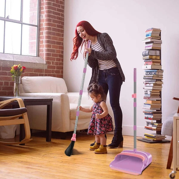 Broom and Dustpan Set for Home, Office, Indoor&Outdoor Pink