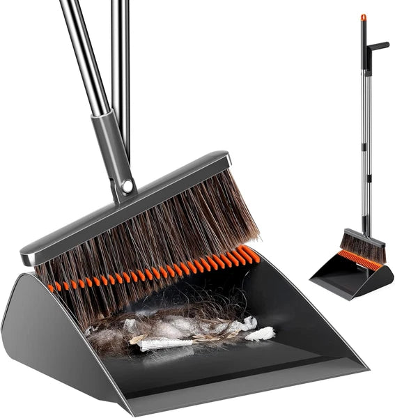 Broom and Dustpan Set with Cleaning Teeth 180° Rotating Upright Broom for Effort