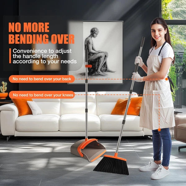 Broom and Dustpan Set 52" Adjustable Handle Stand Up Dustpan Teeth Heavy Duty
