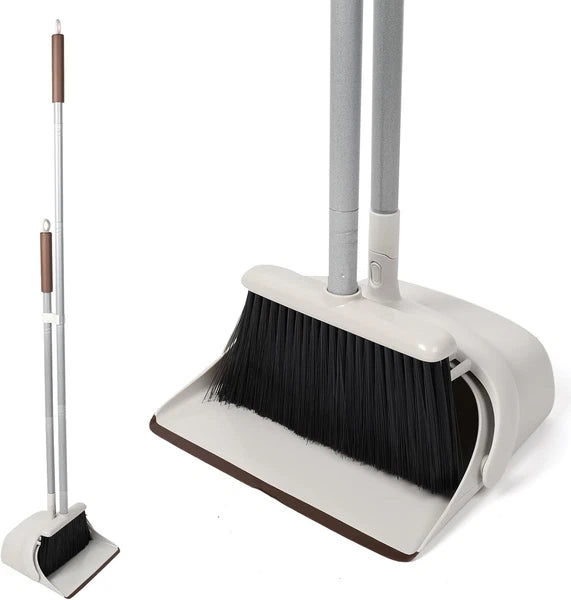 54-inch long-handled broom and dustpan set in brown and white