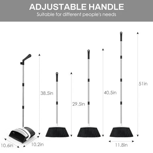 Broom and Dustpan Set for Home, 51-in Long Adjustable Handle Medium Black White