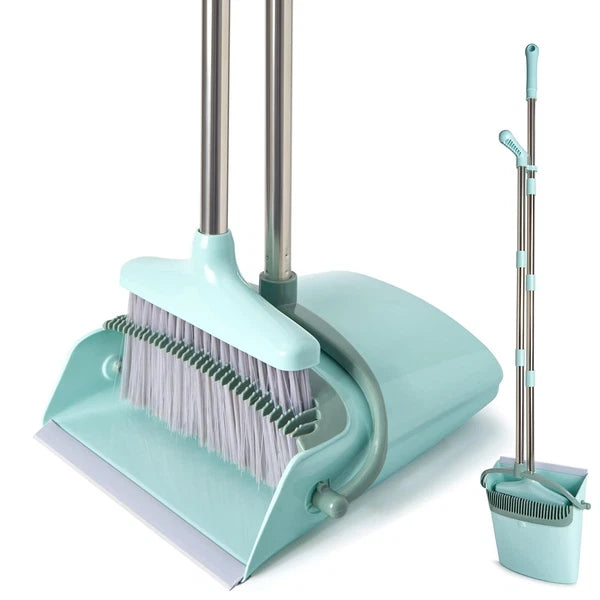 Long Handle Broom and Dustpan Set 55-Inch for Indoor Cleaning Bluish Green