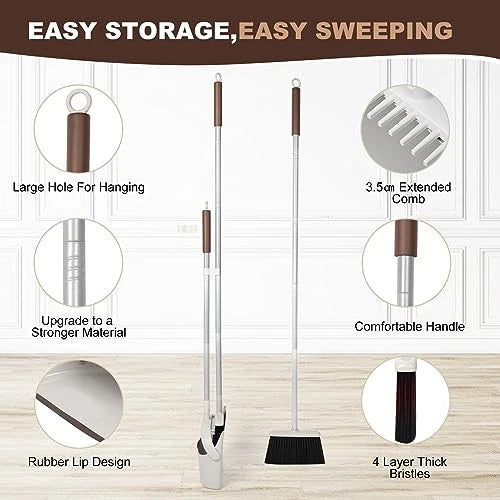 54" Long Handled Broom and Dustpan Set - Perfect Dust Pan and Brown and White