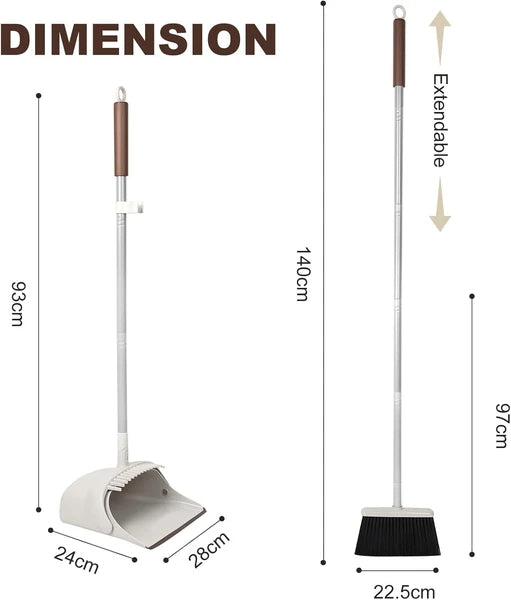54-inch long-handled broom and dustpan set in brown and white