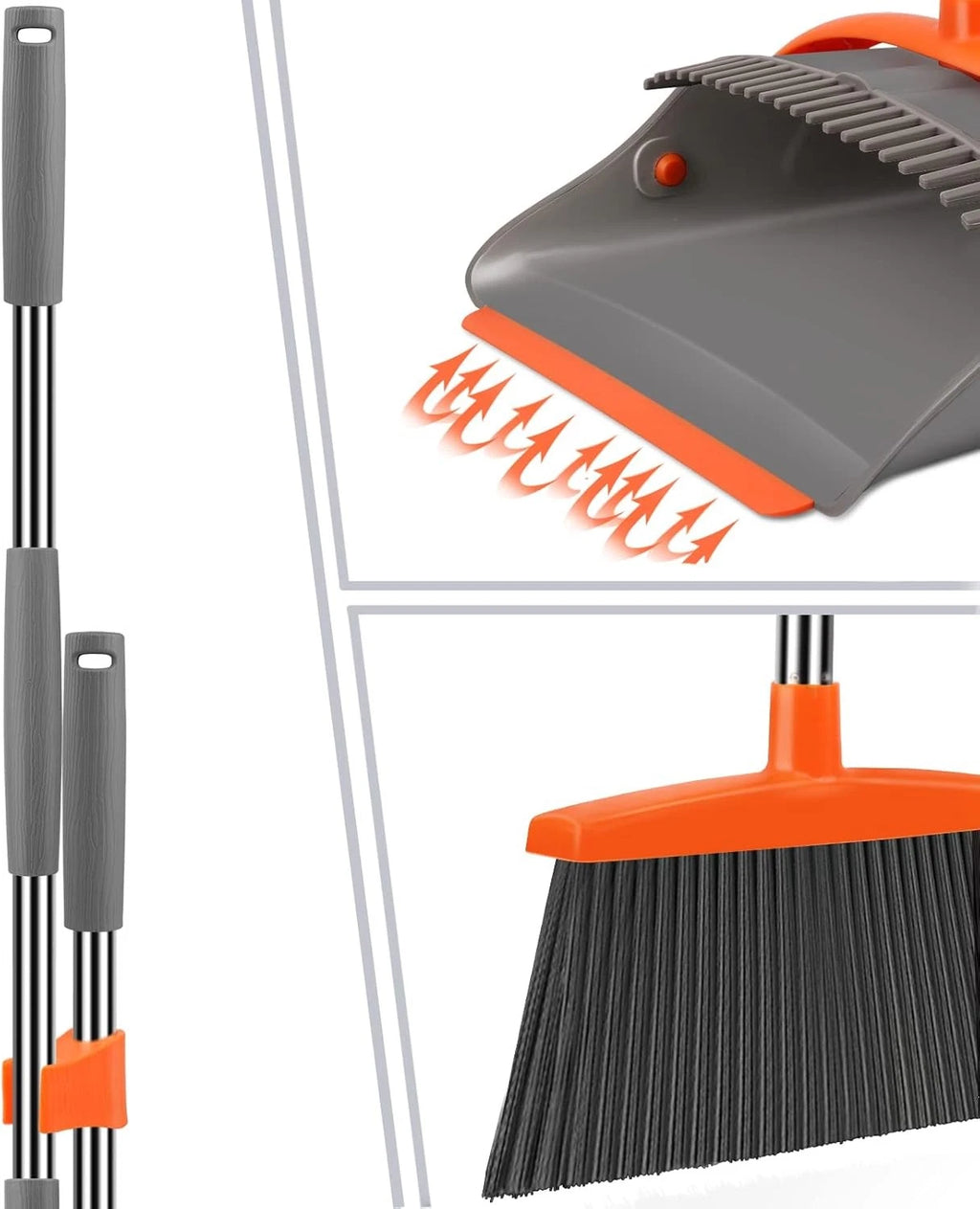 Broom and Dustpan Set with Long Handle, Upright Standing Combo for Home & Office