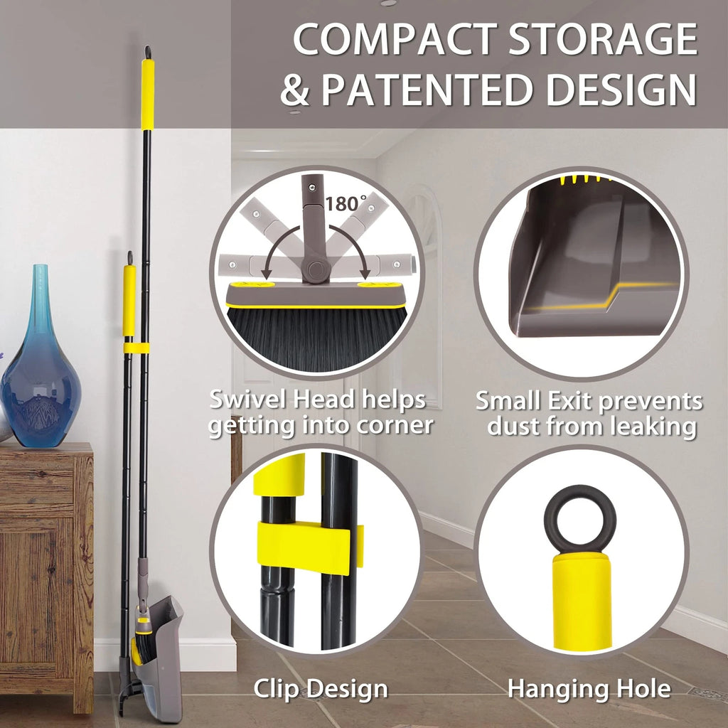 Broom with Dustpan Combo Set 180 Degree Rotating Upright Standing Brown Yellow