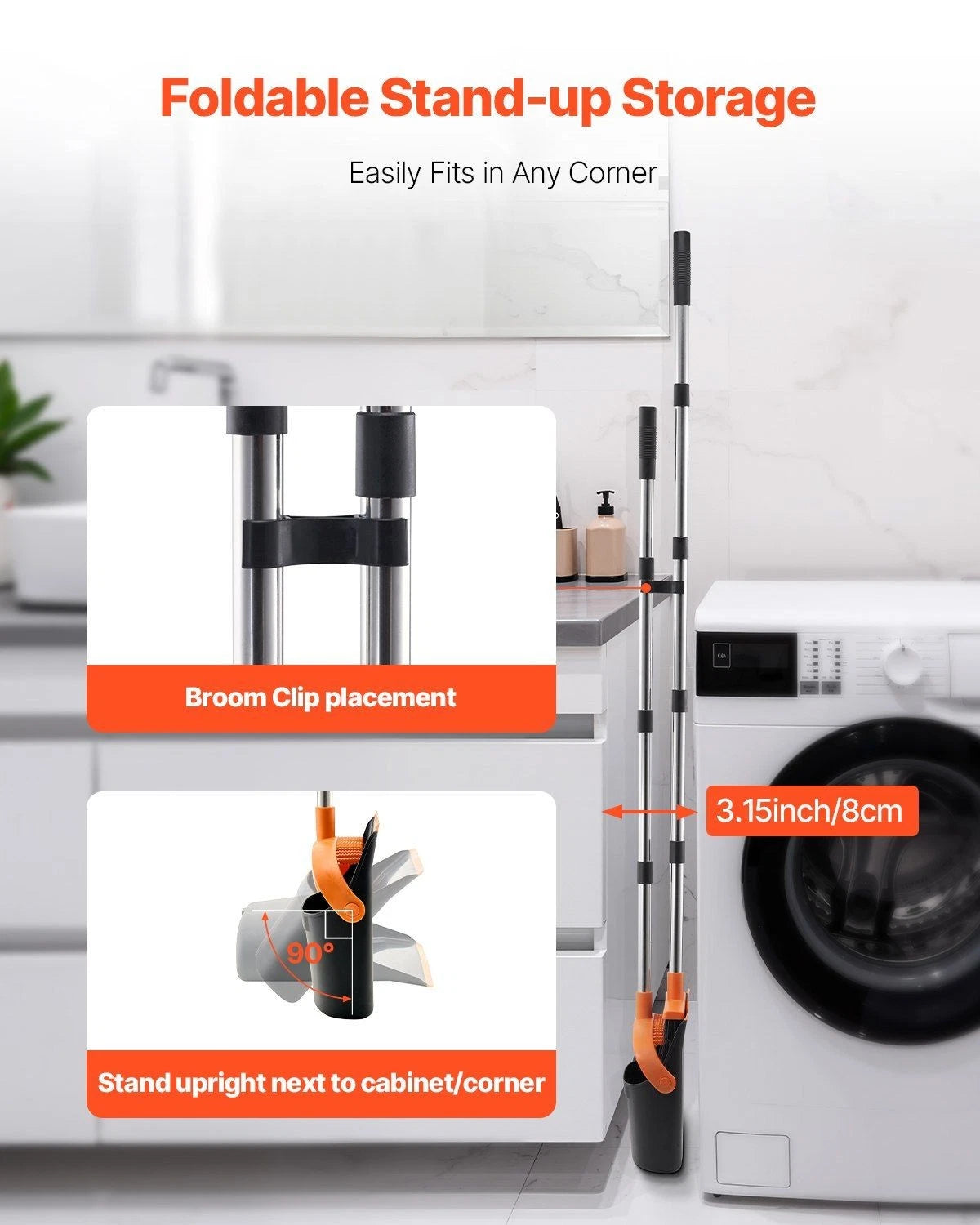 Self-Cleaning Dustpan & Broom Set - Metal Upright Stand, Heavy Duty,Black+Orange