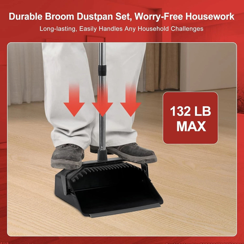 Heavy Duty 3-Pack Broom with Long Handles and Smart Dustpan - Time-Saving Design