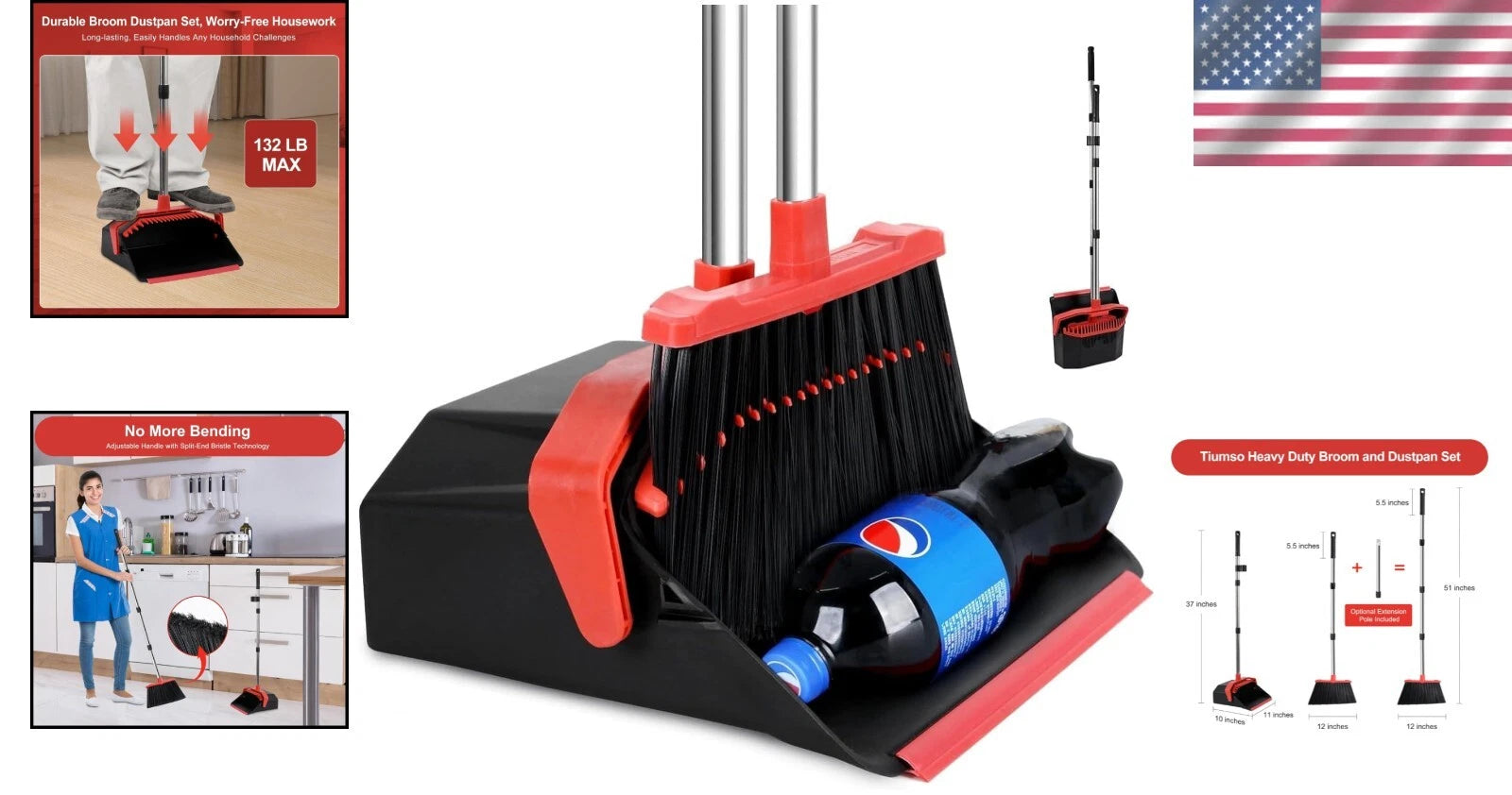 Large Upright Dustpan and Broom Set with Self-Cleaning Technology - 12" Wide