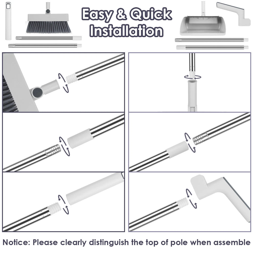 Heavy Duty Broom And Dustpan Combo Set W/ Squeegee Stylish Grey Handle Perfect