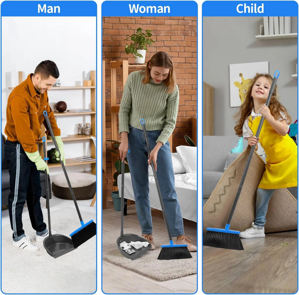 Broom and Dustpan Set ，Long Handle Broom with Upright Standing Dust Pan for Indo