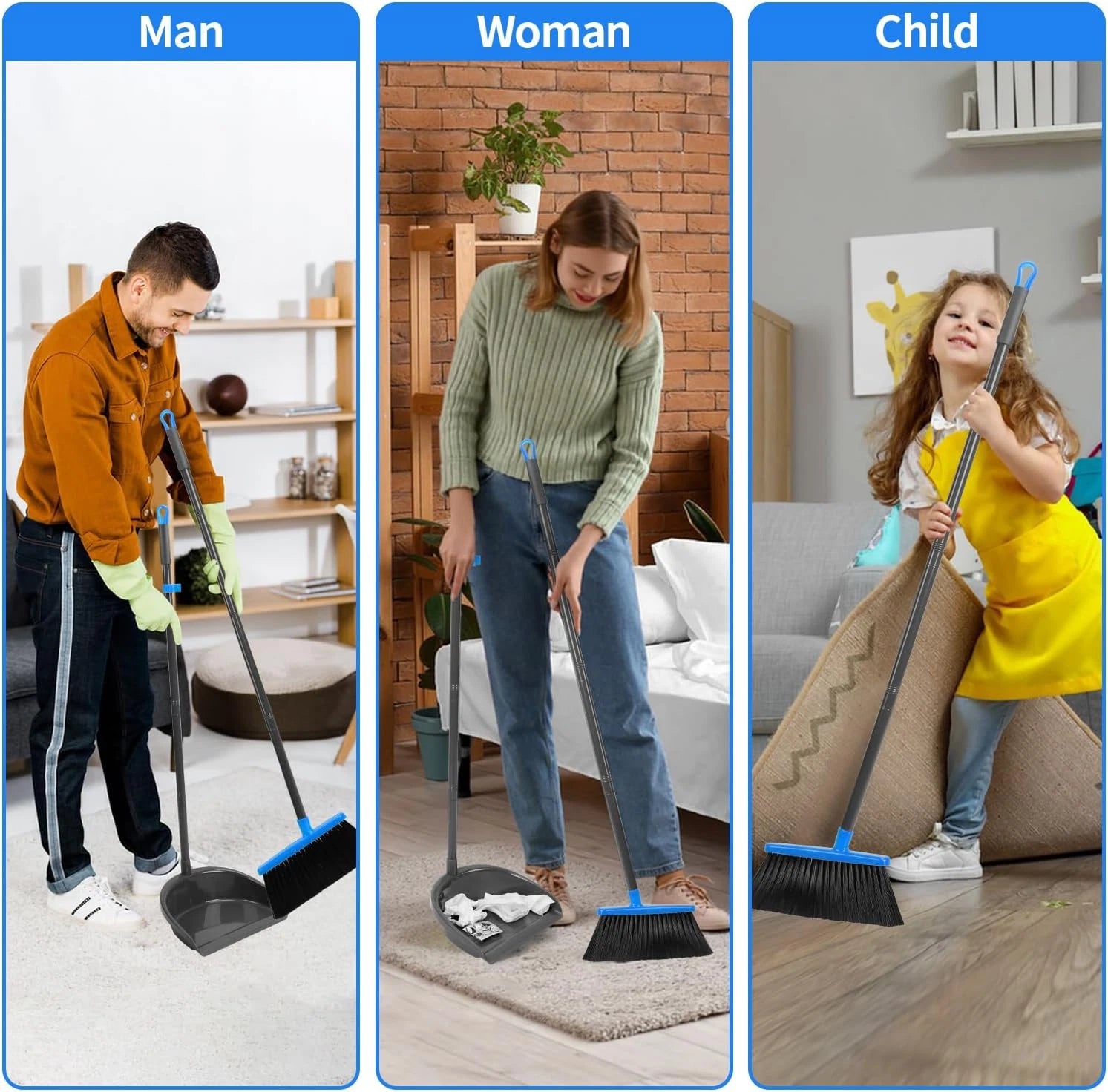 Broom and Dustpan Set ，Long Handle Broom with Upright Standing Dust Pan for Indo