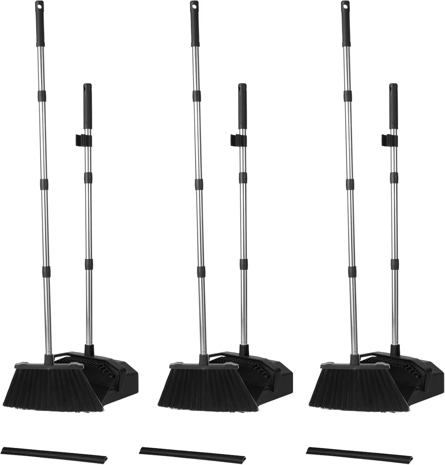 Heavy Duty 3-Pack Broom with Long Handles and Smart Dustpan - Time-Saving Design