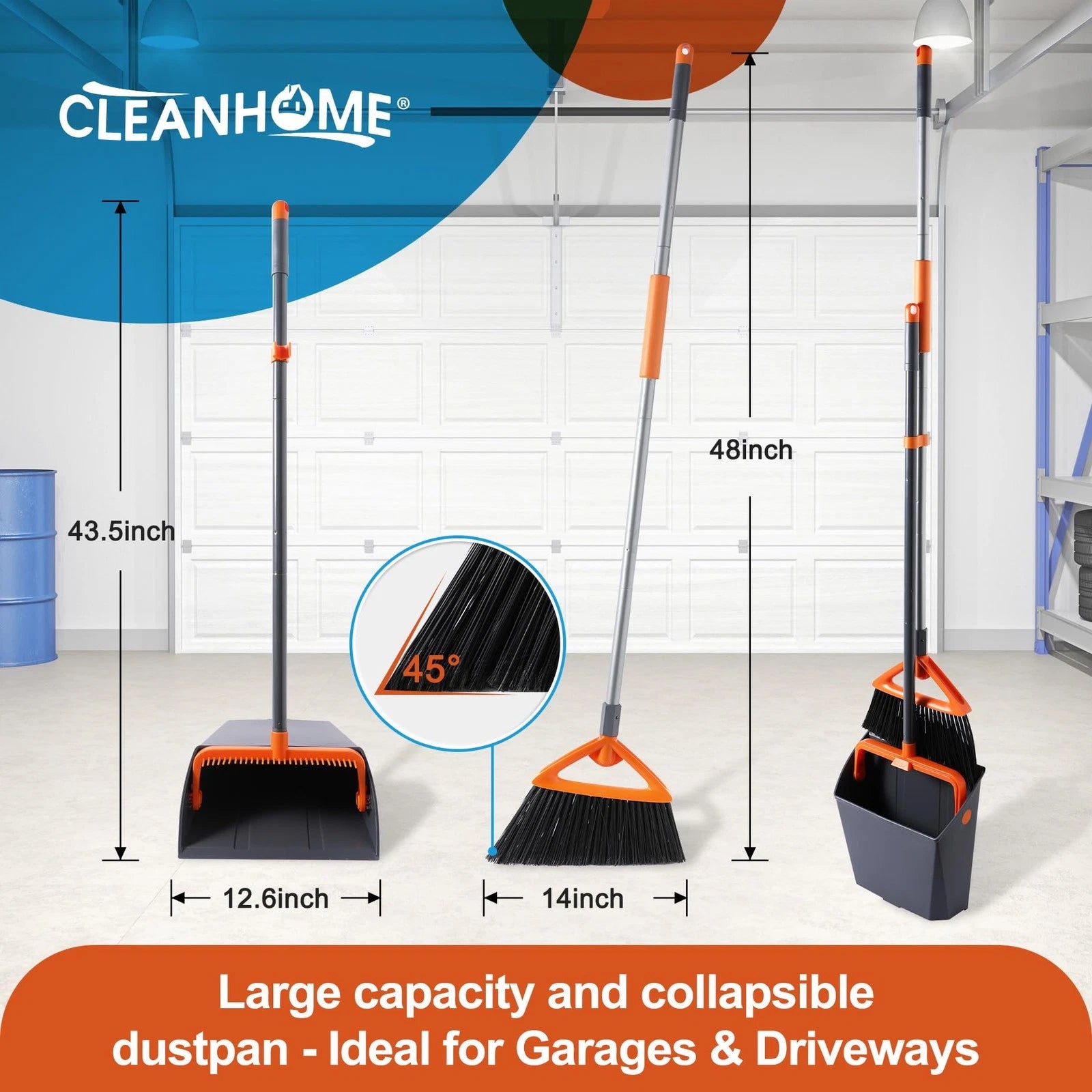 Heavy Duty Outdoor Broom & Dustpan Set Long Handle Split-End Bristles