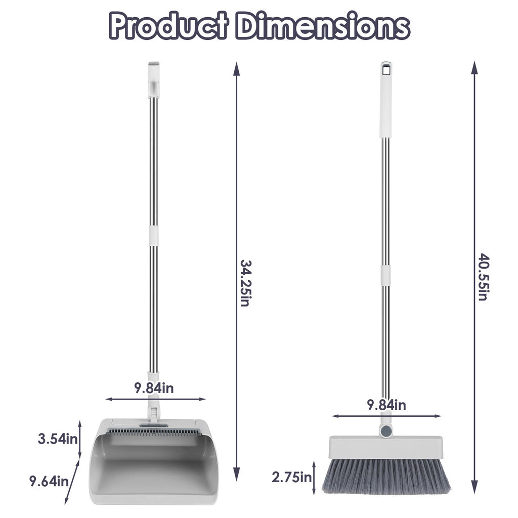 Heavy Duty Broom And Dustpan Combo Set W/ Squeegee Stylish Grey Handle Perfect