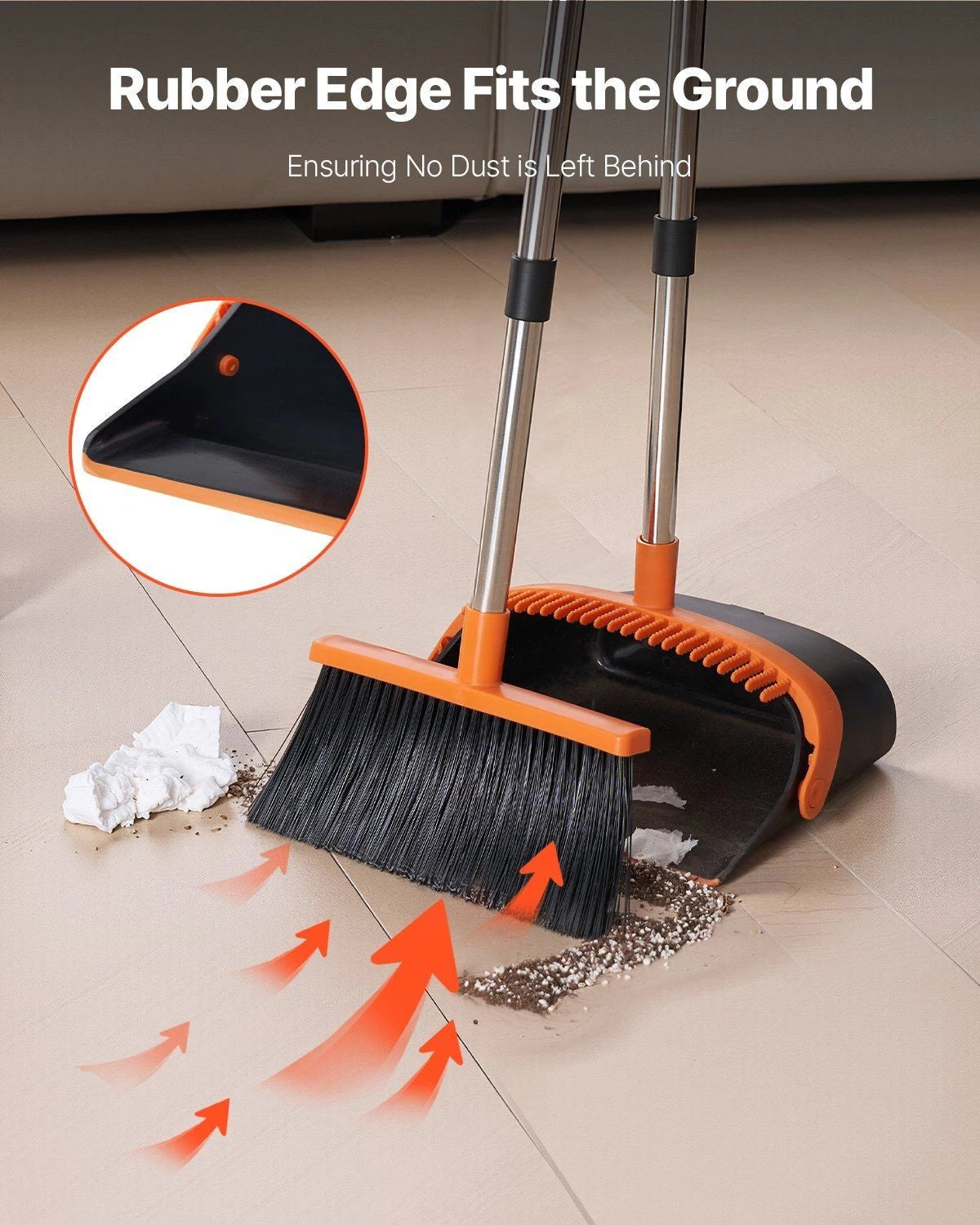 Self-Cleaning Dustpan & Broom Set - Metal Upright Stand, Heavy Duty,Black+Orange