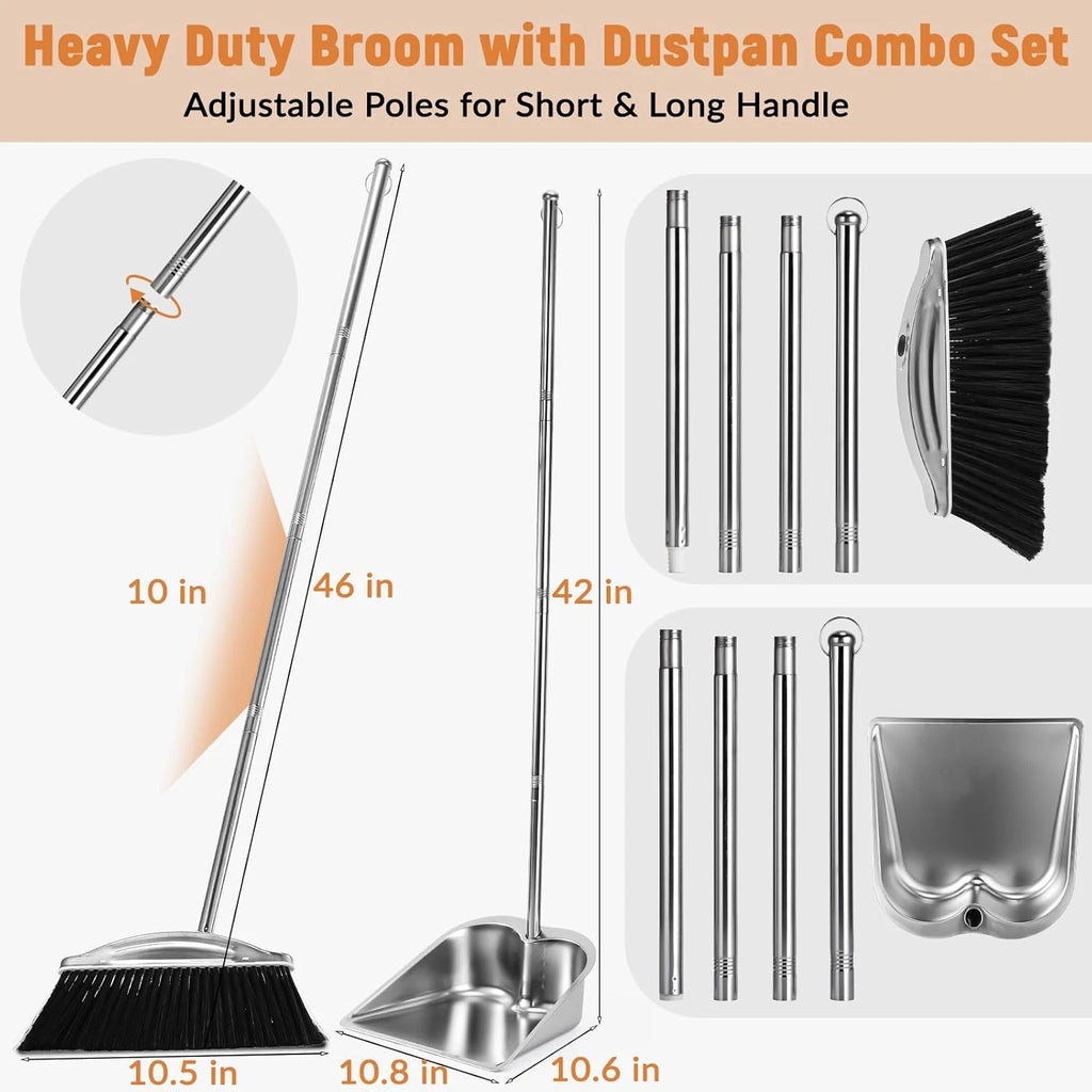 VOOWO 46" Stainless Steel Broom and Dustpan Set for Indoor and Outdoor Use