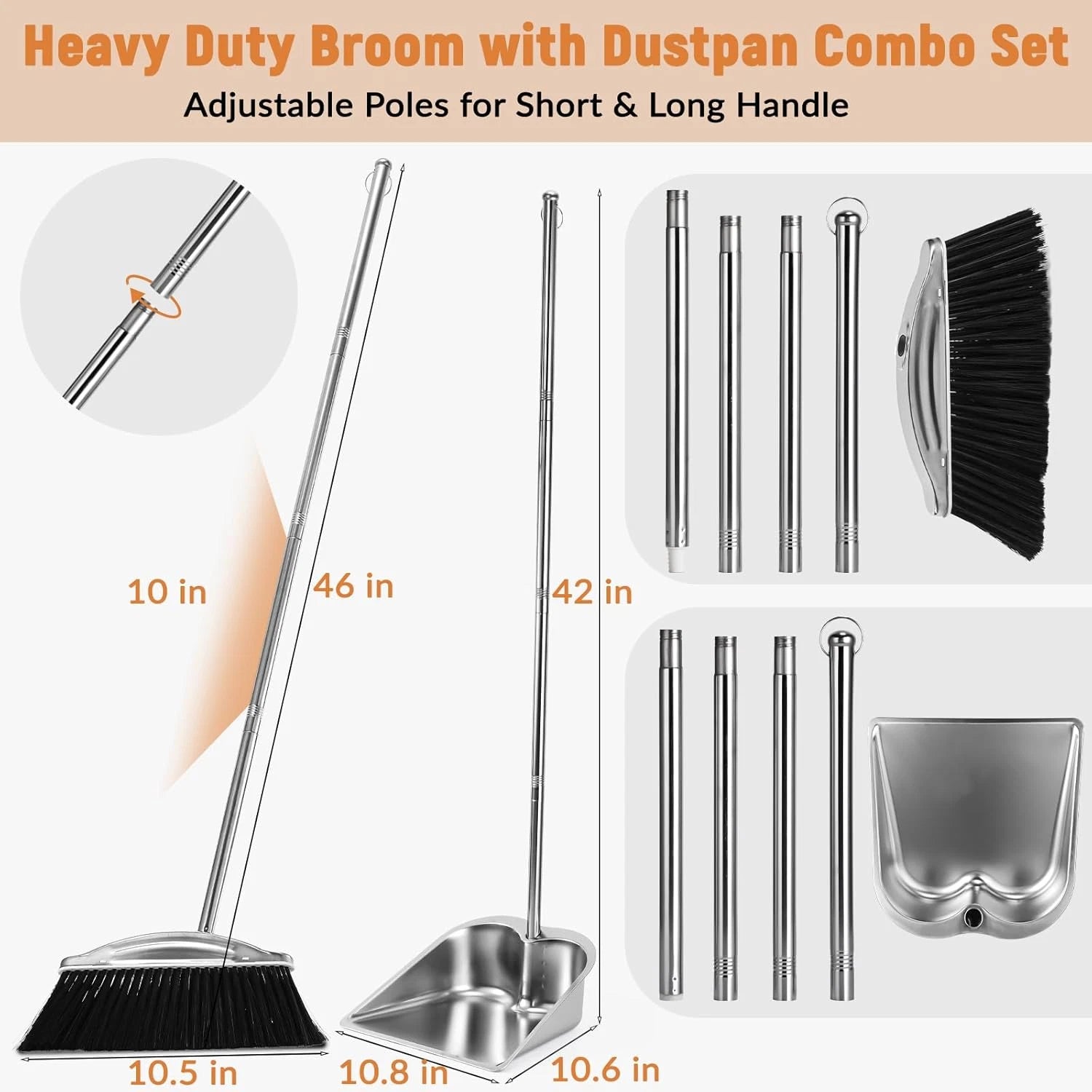 VOOWO 46" Stainless Steel Broom and Dustpan Set for Indoor and Outdoor Use