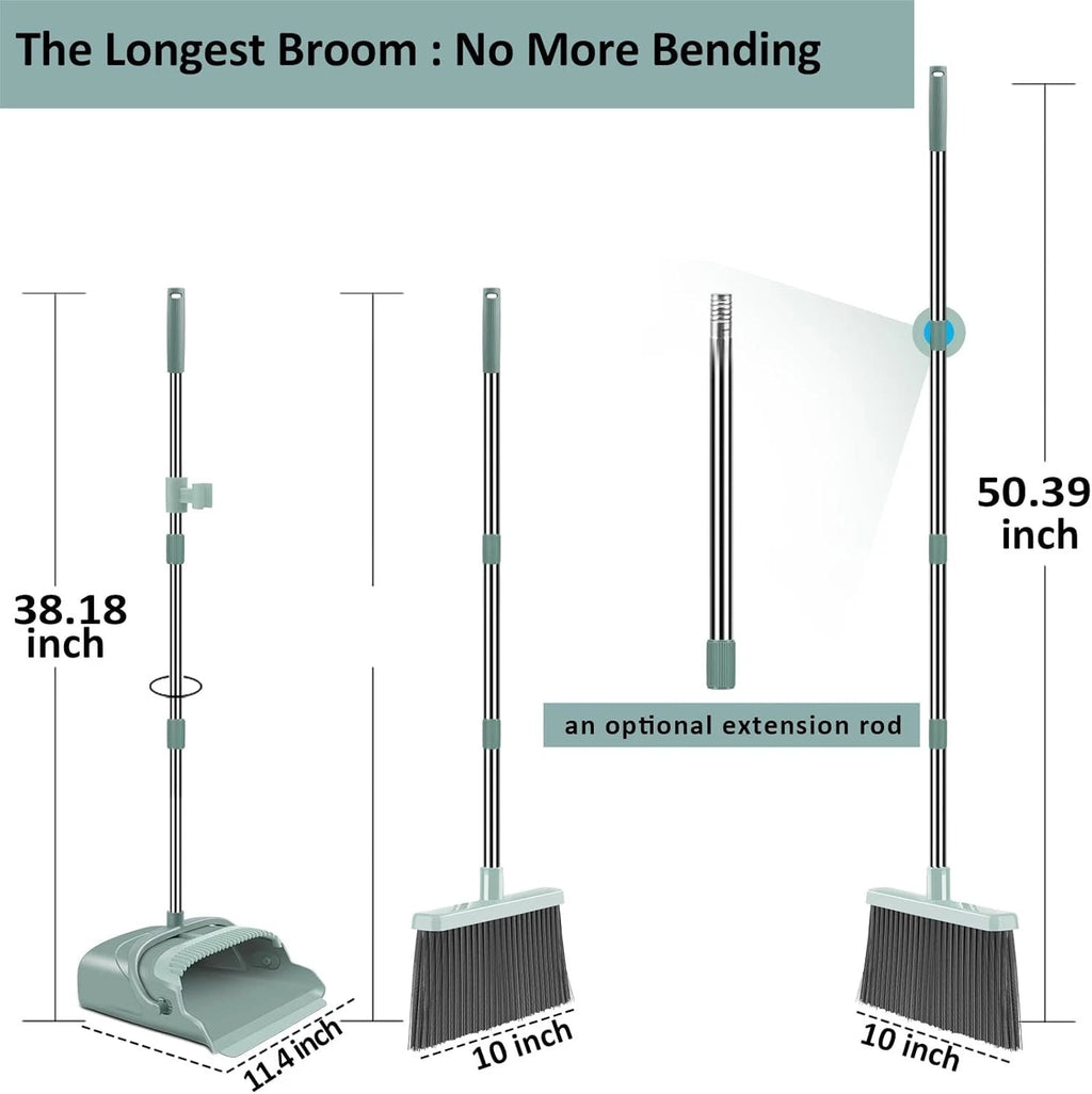 Eco-Friendly Upgrade Broom & Dustpan Set with Long Handle, 50.39'' Green