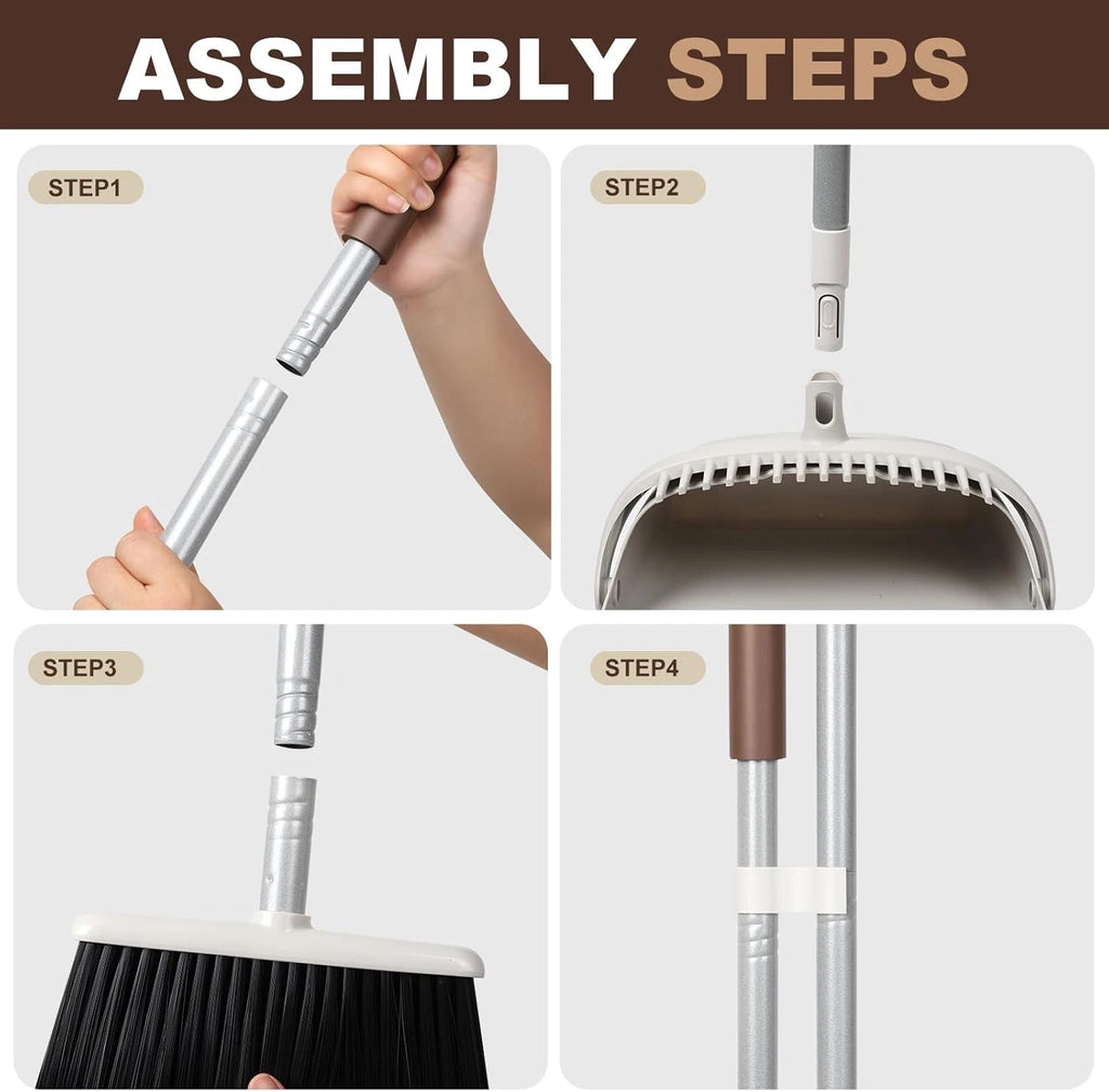 54-inch long-handled broom and dustpan set in brown and white