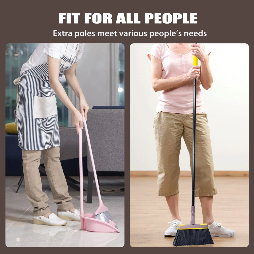Broom with Dustpan Combo Set 180 Degree Rotating Upright Standing Brown Yellow
