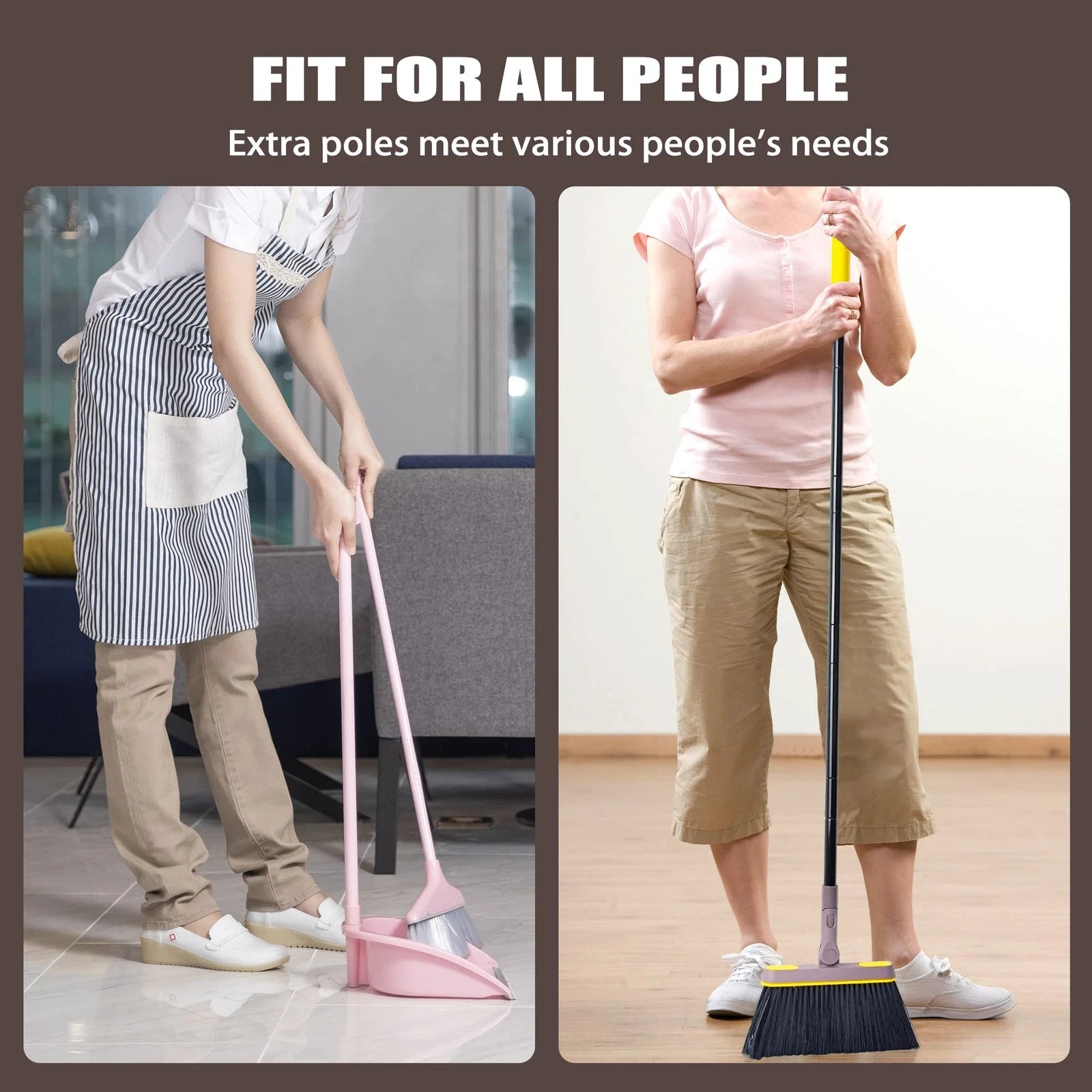 Broom with Dustpan Combo Set 180 Degree Rotating Upright Standing Brown Yellow