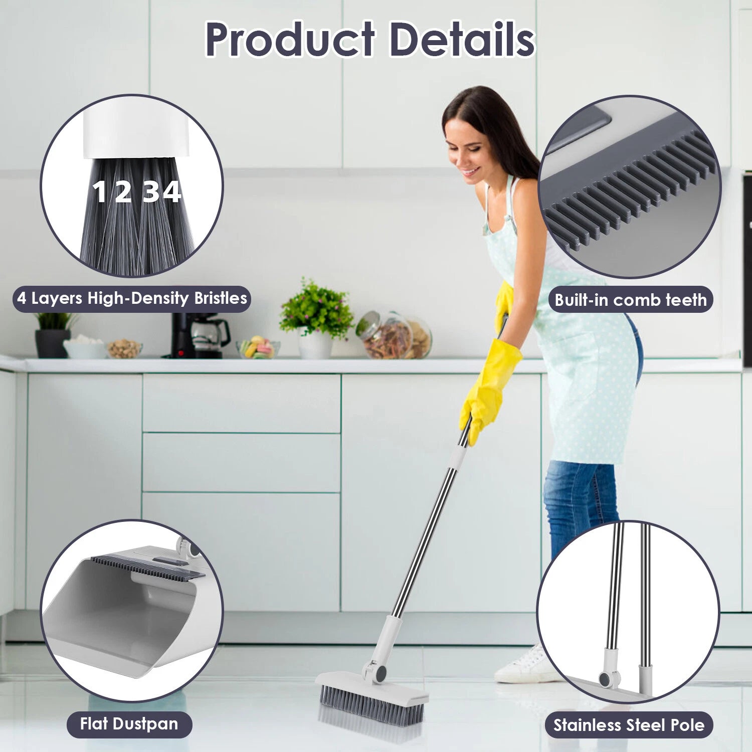Heavy Duty Broom And Dustpan Combo Set W/ Squeegee Stylish Grey Handle Perfect