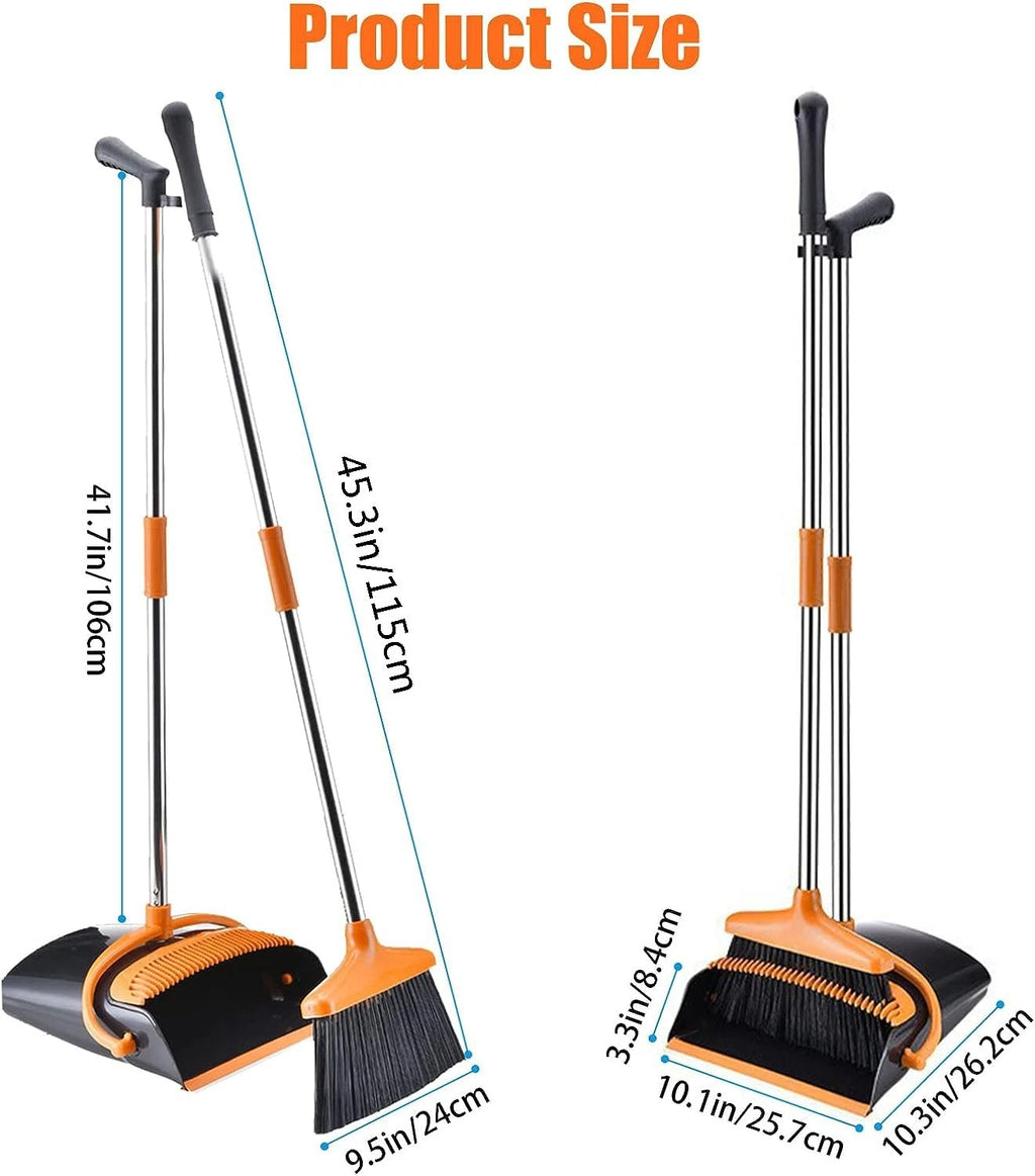 Broom and Dustpan Set with Long Handle, Windproof Stand Up Dustpan with Broom...