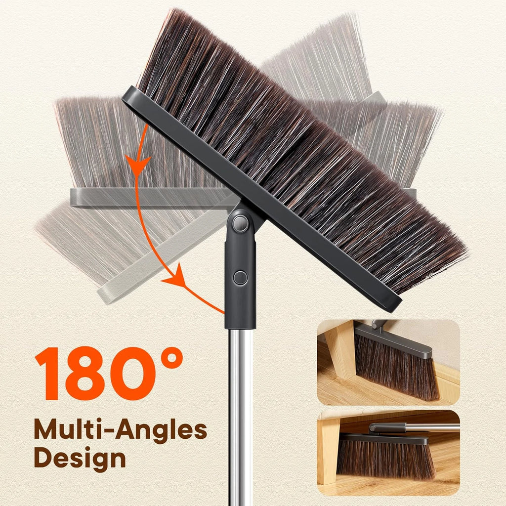 Broom and Dustpan Set with Cleaning Teeth 180° Rotating Upright Broom for Effort