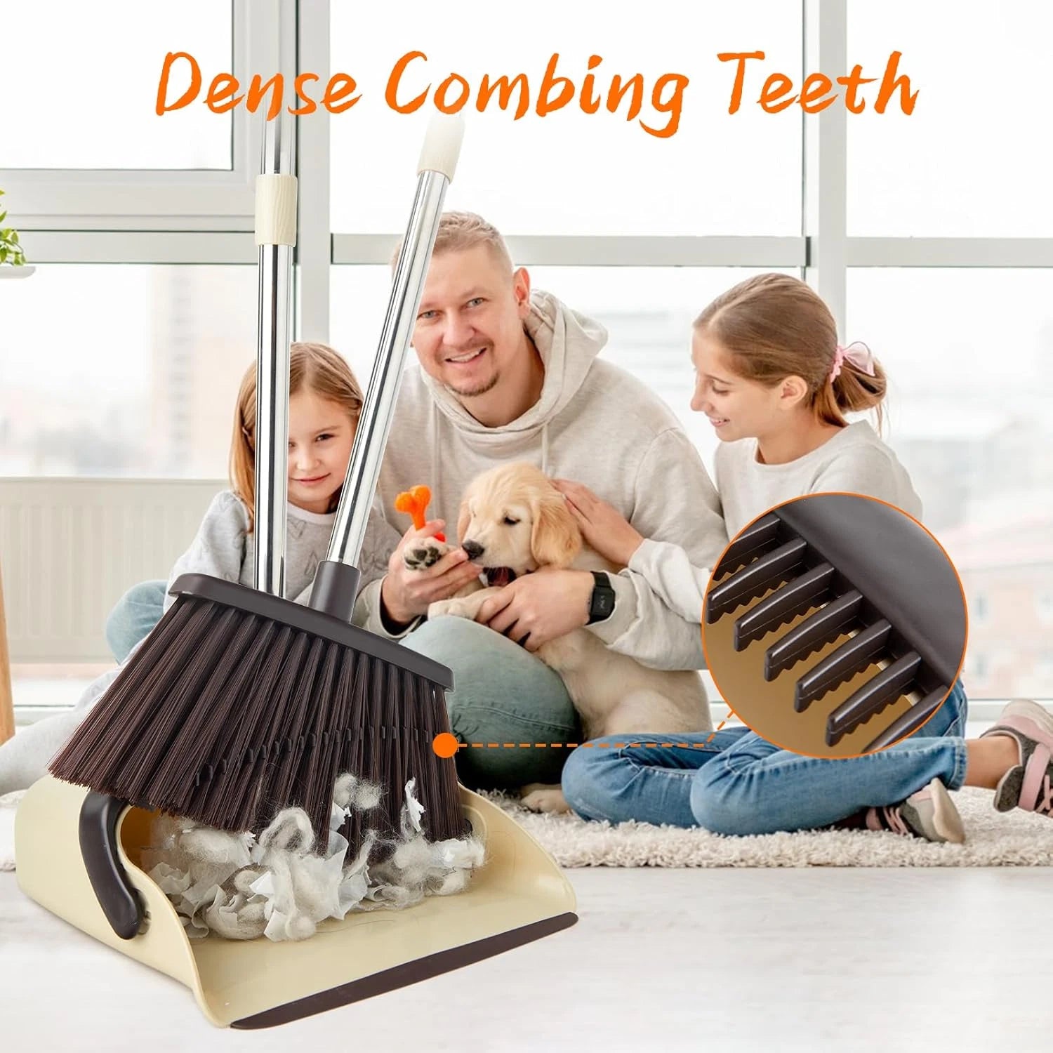 Broom and Dustpan Set, Dustpan Combo with 51" Stainless Steel Long Handle Brooms