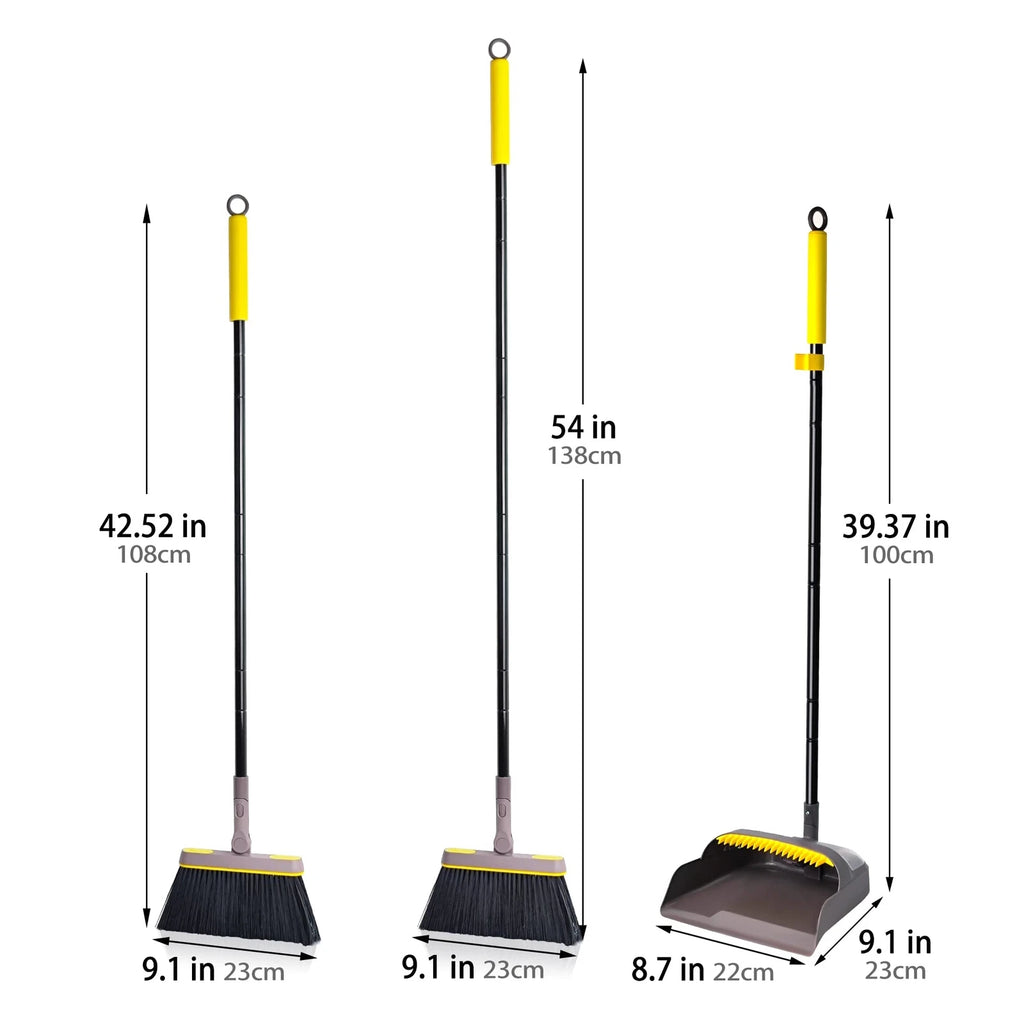 Broom with Dustpan Combo Set 180 Degree Rotating Upright Standing Brown Yellow