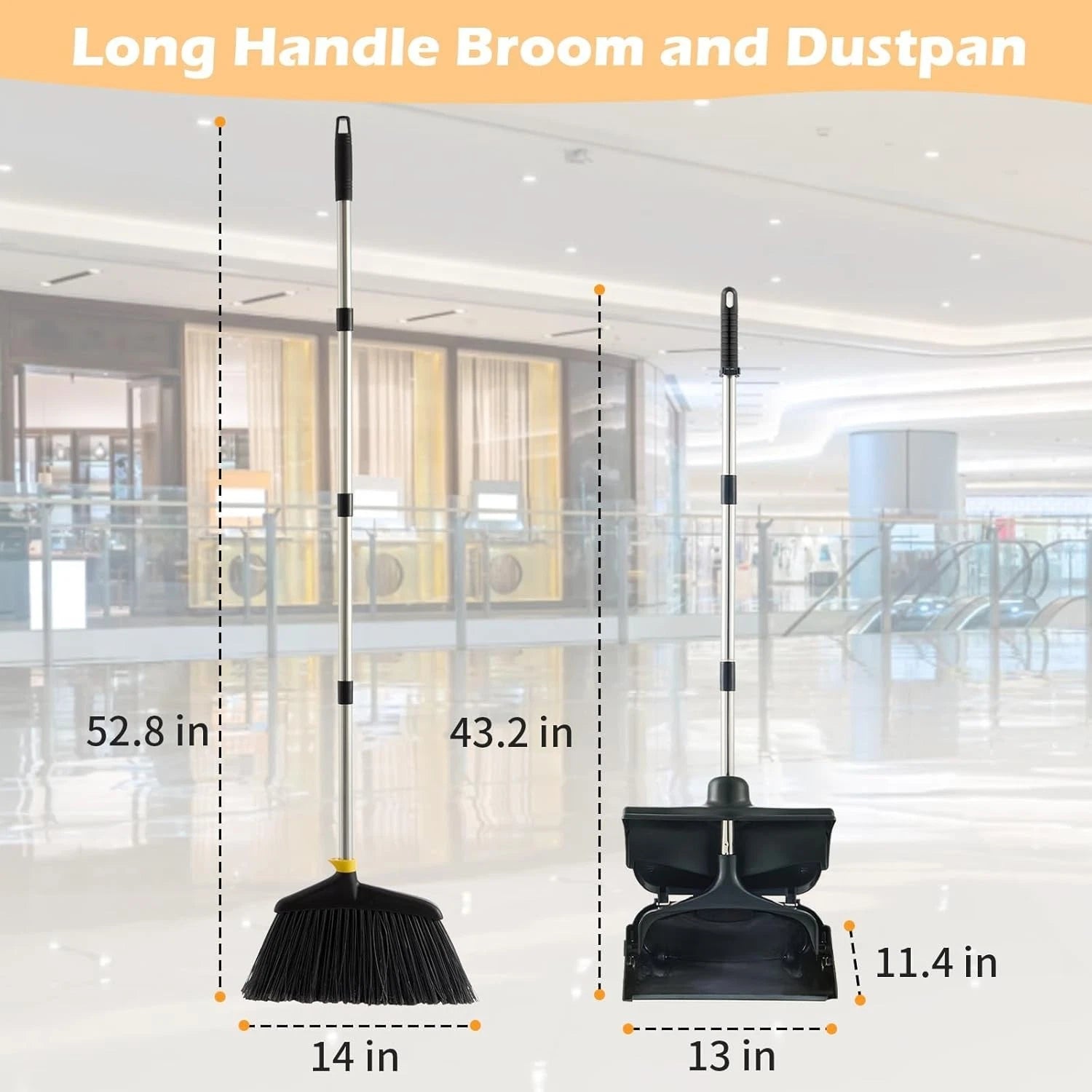 Outdoor Broom and Dustpan Set with Long Handle, Commercial Upright Standing Dust