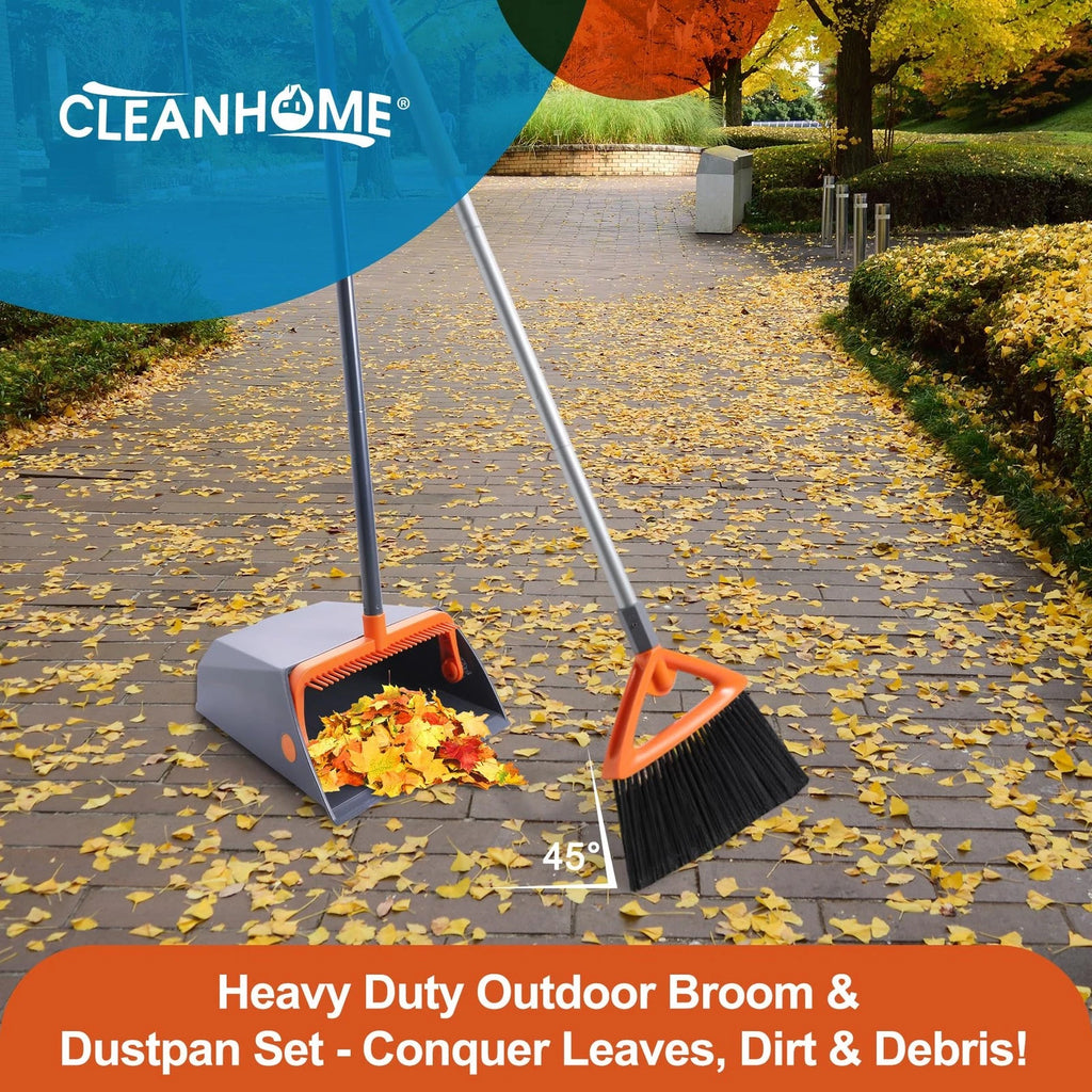 Heavy Duty Outdoor Broom & Dustpan Set Long Handle Split-End Bristles