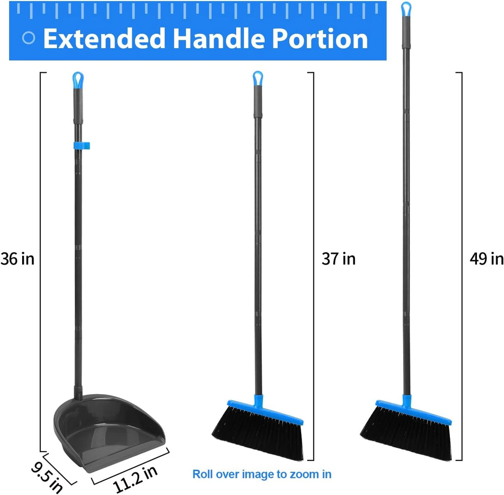 Broom and Dustpan Set ，Long Handle Broom with Upright Standing Dust Pan for Indo