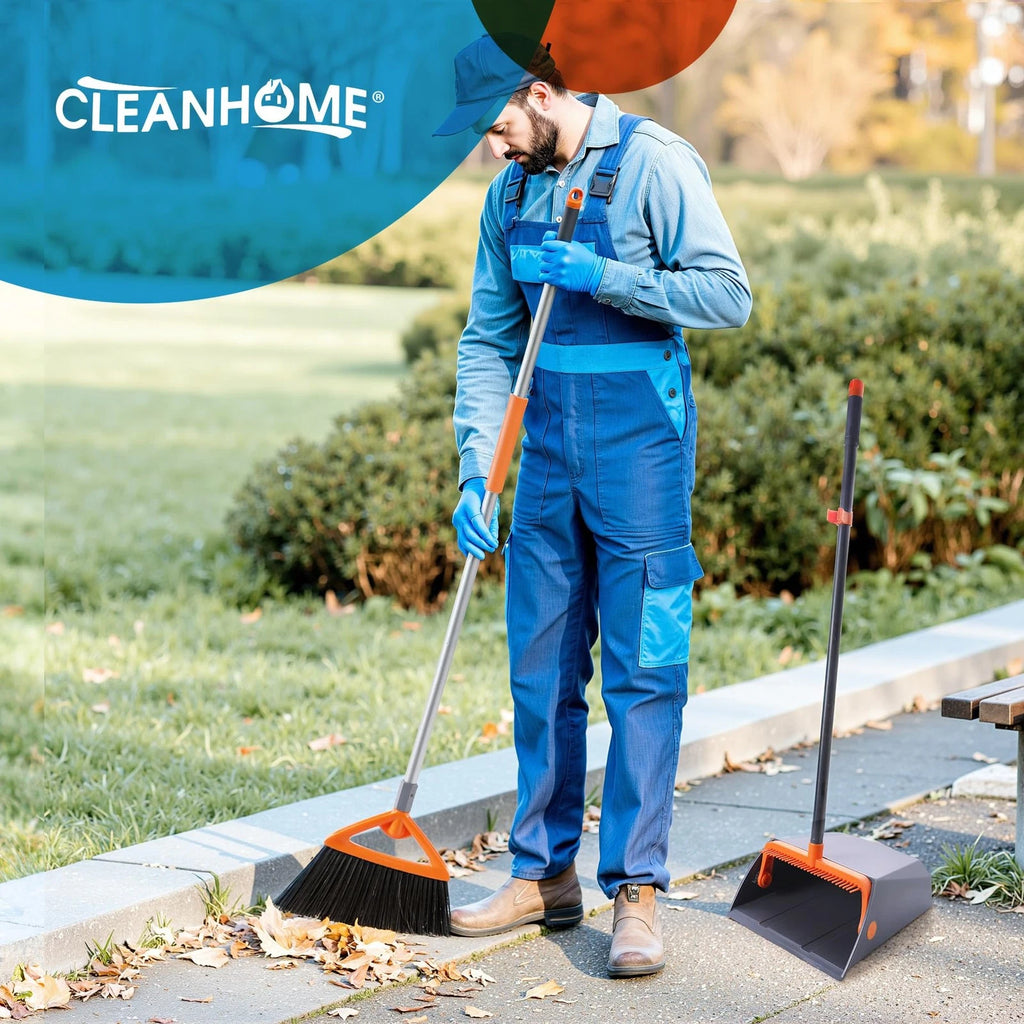Heavy Duty Outdoor Broom & Dustpan Set Long Handle Split-End Bristles