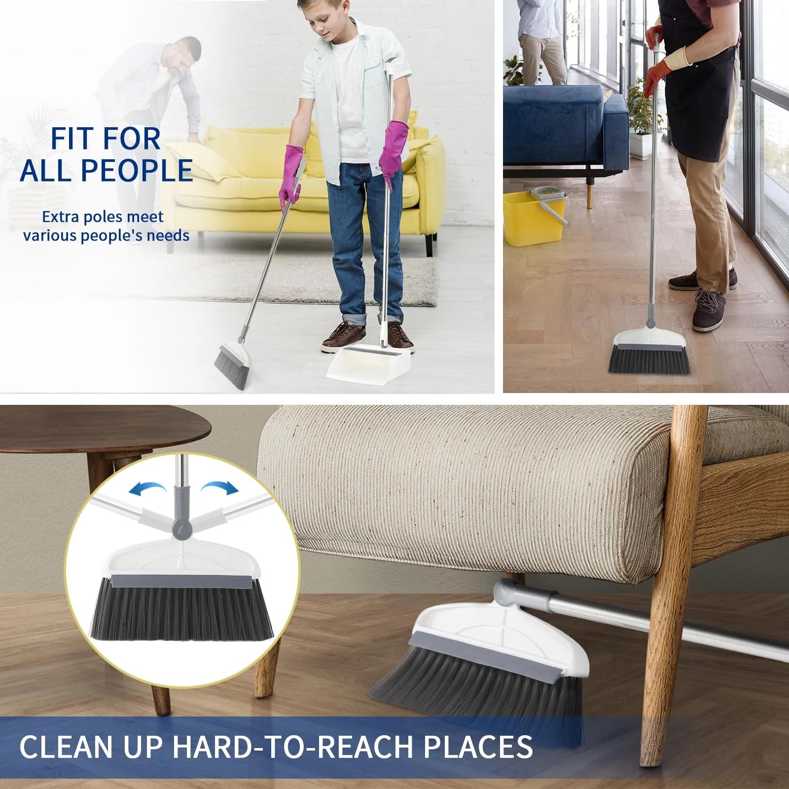 2 in 1 Broom and Dustpan Set with Long Handle Upright 180° Rotating Broom
