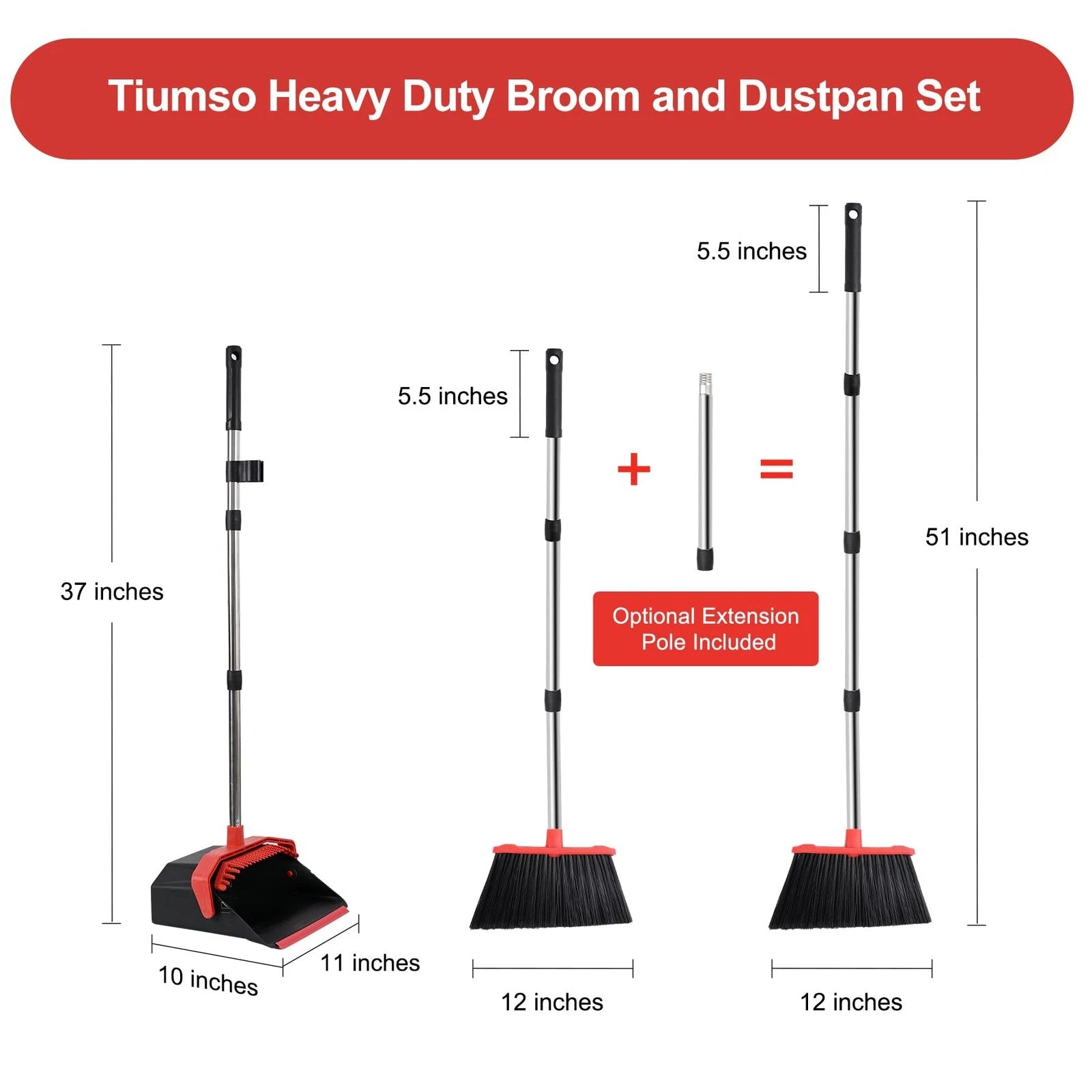 Large Upright Broom and Dustpan, Heavy Duty Dust Pan with 51" Long Handle for...