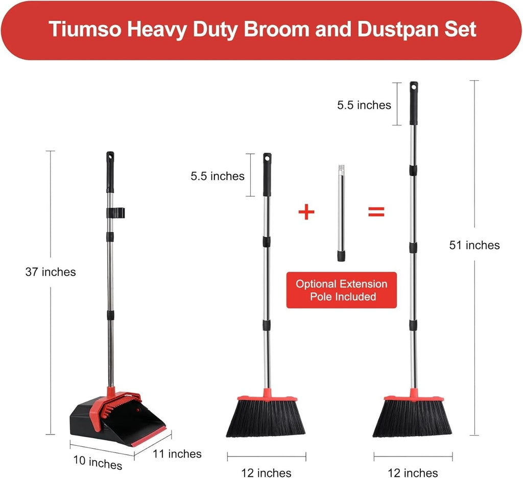 Large Upright Dustpan and Broom Set with Self-Cleaning Technology - 12" Wide