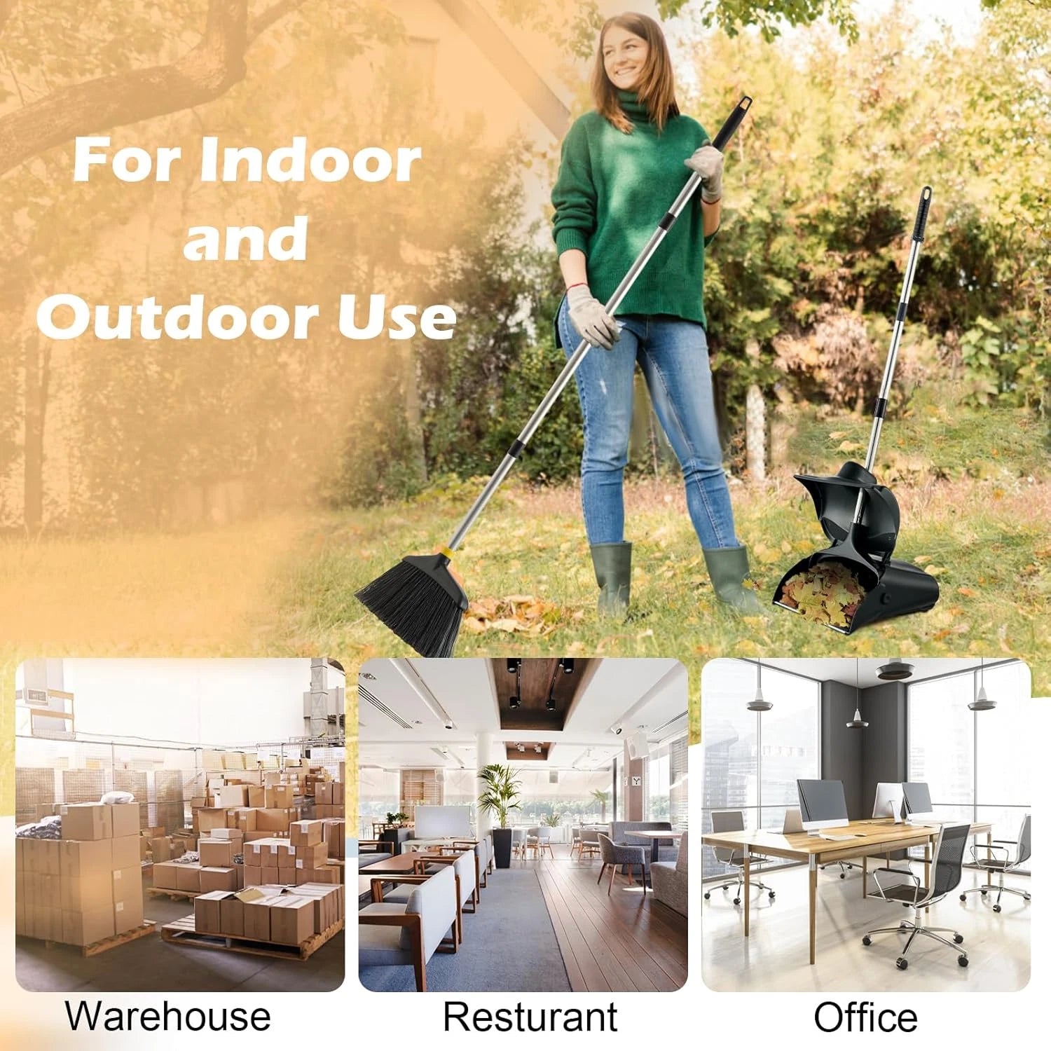 Outdoor Broom Dustpan Set Long Handle Commercial Upright Standing Dust Pan Cover