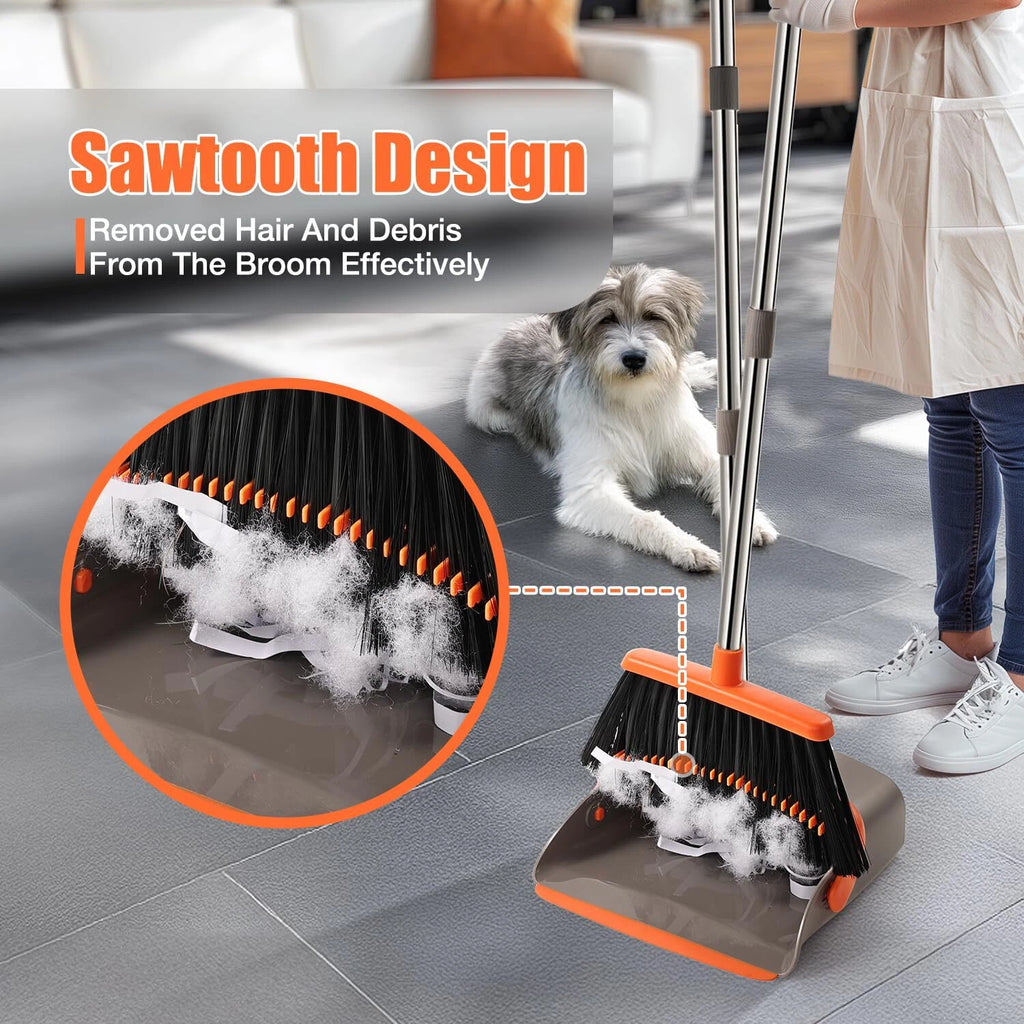 Broom and Dustpan Set 52" Adjustable Handle Stand Up Dustpan Teeth Heavy Duty