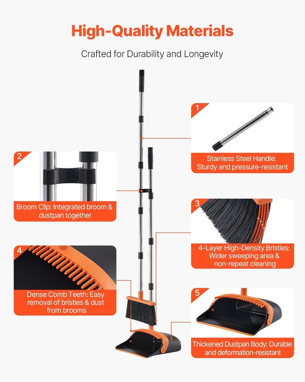 Self-Cleaning Dustpan & Broom Set - Metal Upright Stand, Heavy Duty,Black+Orange