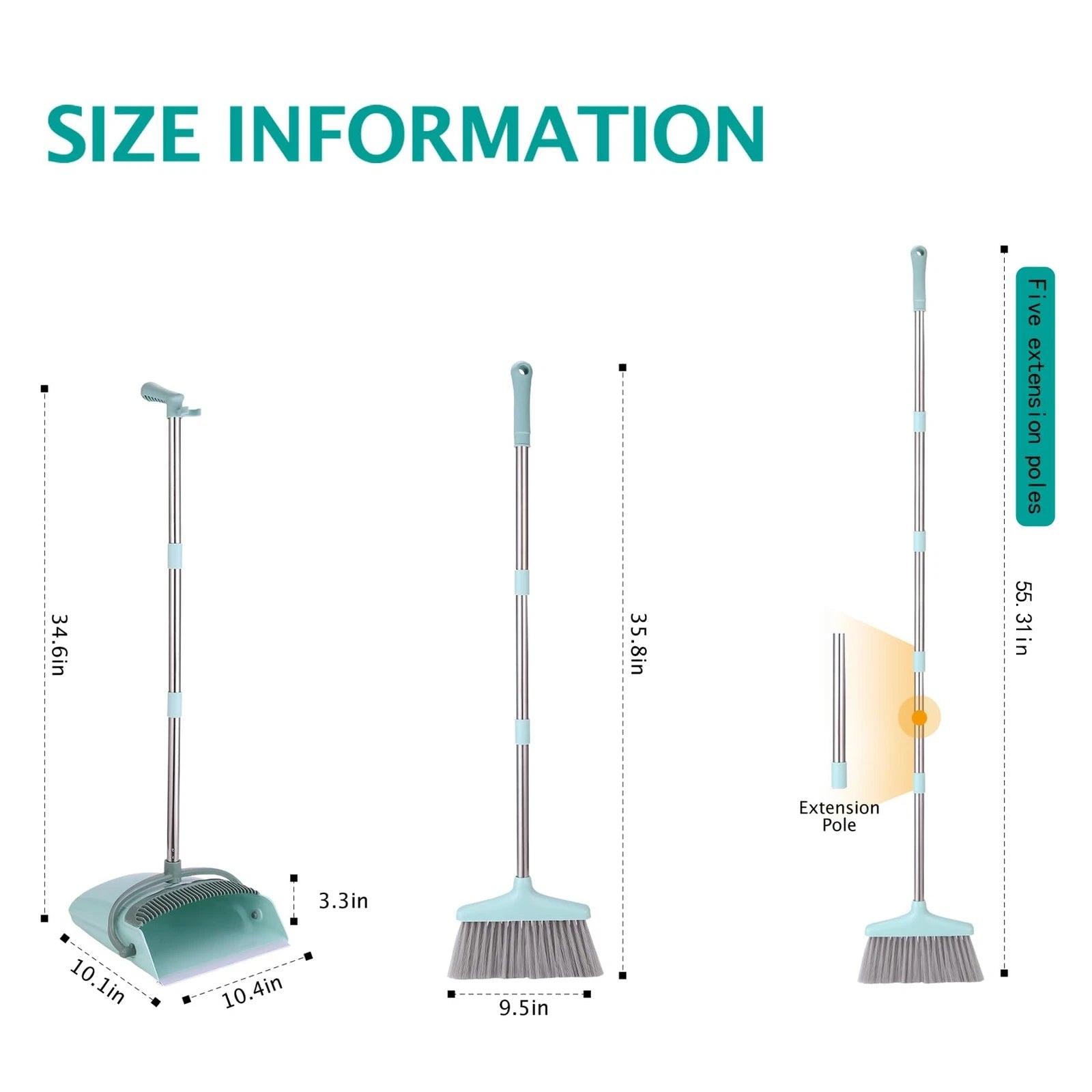 Long Handle Broom and Dustpan Set 55-Inch for Indoor Cleaning Bluish Green